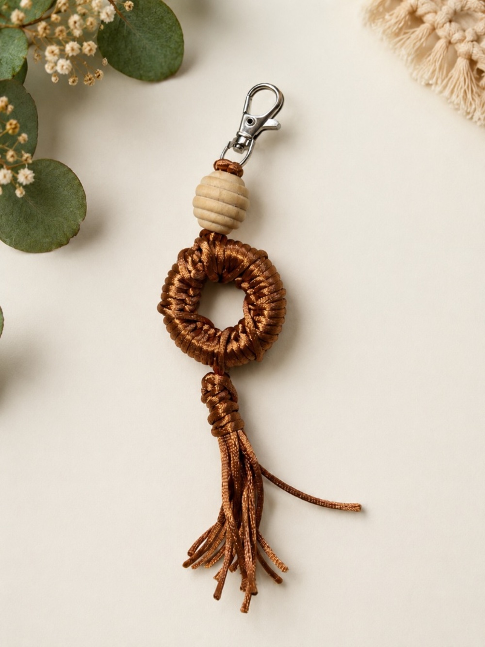Handmade Boho Macramé Keychain with Wooden Bead – Brown Tassel Key Ring